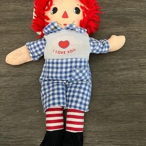 Raggedy Andy Plush Doll 11 inch Vintage Style Blue Gingham I Love You Heart